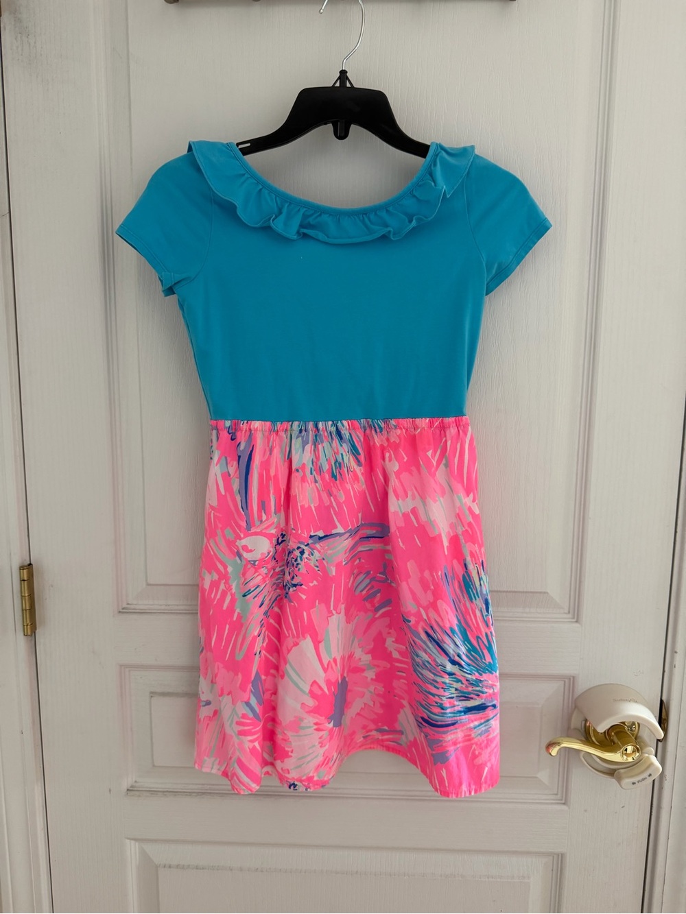 Lilly Pulitzer Teal Top Pink Floral Ruffle Neck Dress
